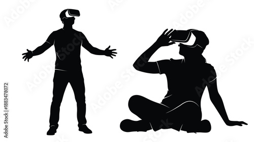 two silhouettes of people experiencing virtual reality with headsets and hand gestures