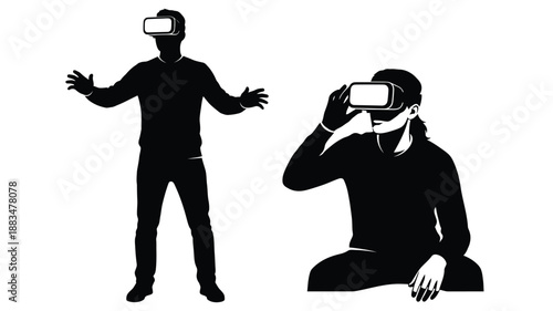 silhouette figures using virtual reality headsets and interacting with digital worlds