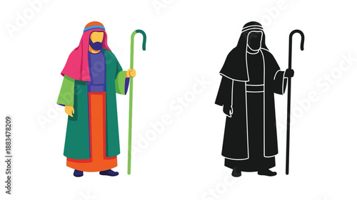 two stylized depictions of a shepherd figure with traditional clothing and staff