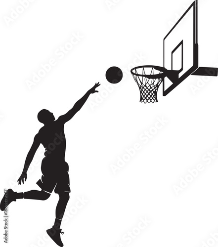 Basketball player in mid-air dunking ball into hoop during game at arena from side view