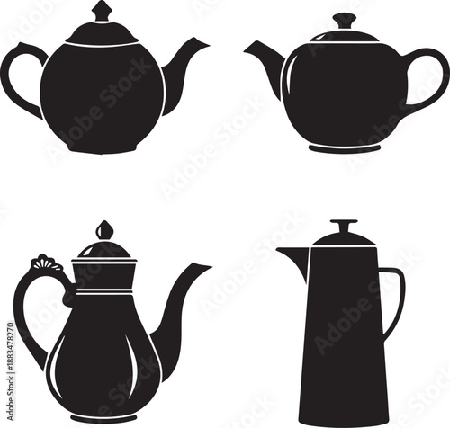 Collection of teapots in various designs and shapes displayed together eps file reference
