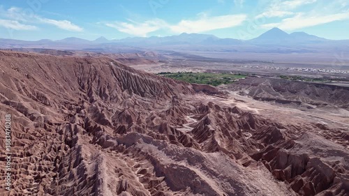 San Pedro de Atacama, Chile: Aerial drone footage of the Mars and death valley near San Pedro de Atacama, Chile, with the Licancabur volcano in the background near the Bolivia border in the Andes.