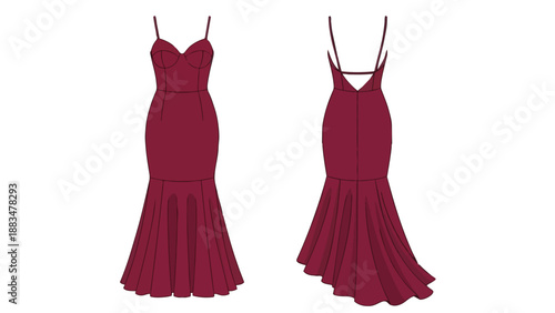 Burgundy mermaid gown illustration showcasing front and back views sweetheart neckline delicate straps graceful flared hem design for formal