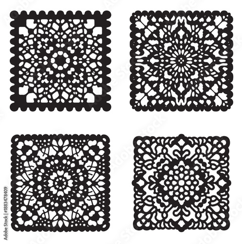 Four intricate black lace patterns arranged in a grid, showcasing delicate floral and geometric designs.