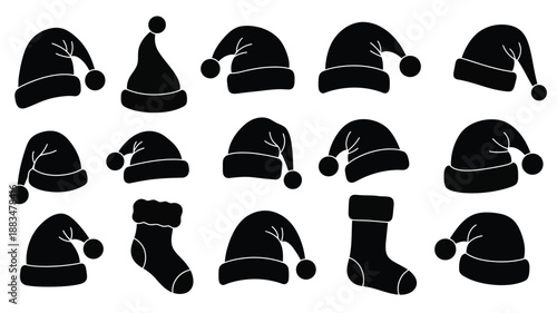 a collection of various santa hats in silhouette a festive holiday design