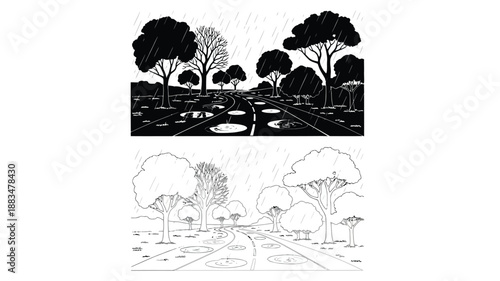 a black and white illustration depicting a rainy landscape with trees and a pathway
