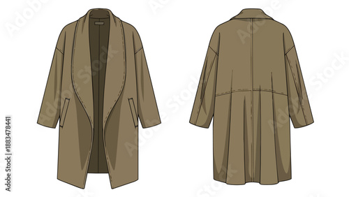 Contemporary oversized duster coat technical flat sketch front and back views for fashion design development illustration apparel template garment