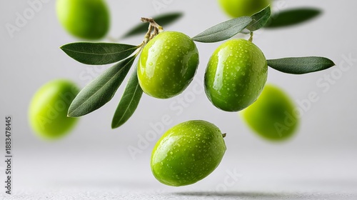 Wallpaper Mural Fresh green olives with olive leaves floating above a light background, showcasing ultra-minimal raw-ingredient food scene for premium advertising and culinary presentations with copy space Torontodigital.ca