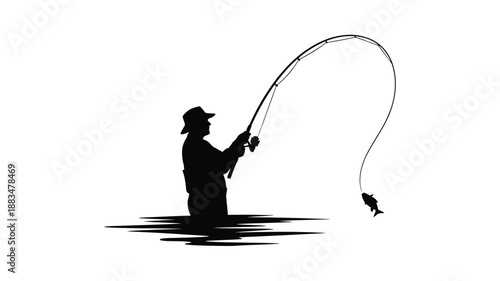 a silhouette of a fisherman casting a line with a fish visible below