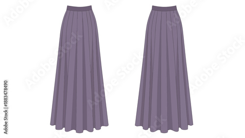 Elegant flowing purple pleated maxi skirt flat vector illustration for fashion design templates digital graphic resource for apparel presentation