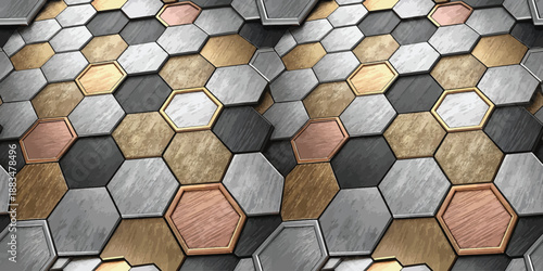 Intricate hexagonal tile pattern showcasing a blend of metallic and wooden textures in warm tones.