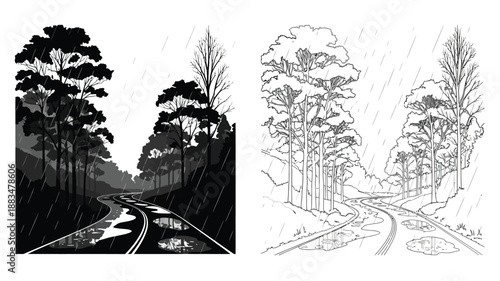 a black and white illustration depicting a winding road through a forest in rain