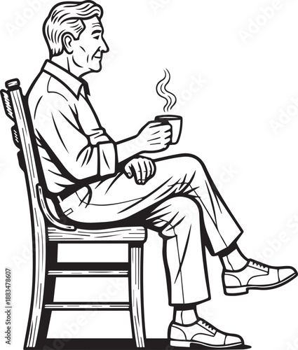 Man sitting on wooden chair holding a steaming cup from a relaxed viewpoint eps file