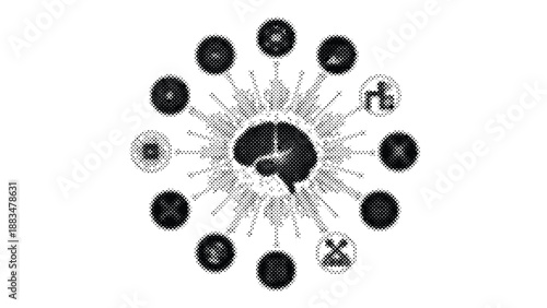 Halftone illustration of brain with various symbols radiating outward in a circular pattern