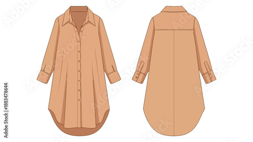 Detailed technical flat drawing of a long-sleeved button-down shirt dress in a warm tan color, showing distinct front and back views for garment