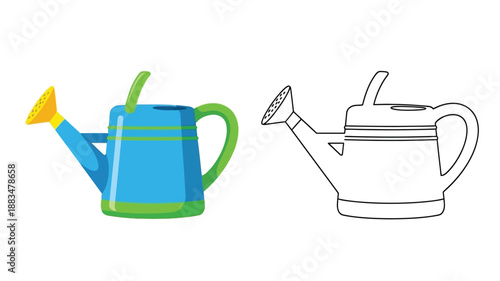 a colorful watering can alongside a simple black and white outline drawing of one