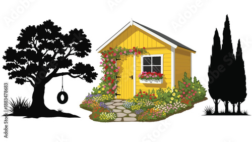 a charming yellow garden shed adorned with flowers and surrounded by greenery