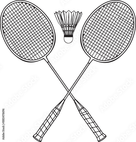 Two badminton rackets and shuttlecock illustration viewed from directly above in a sports context