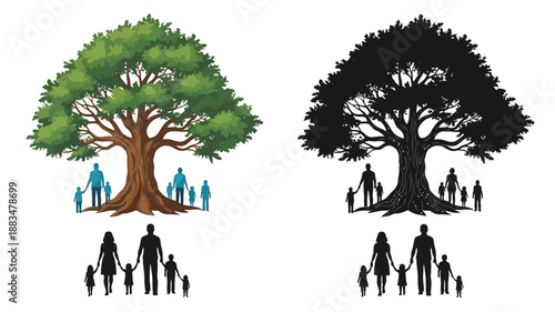 a vibrant green tree and a black tree silhouette with a family standing below