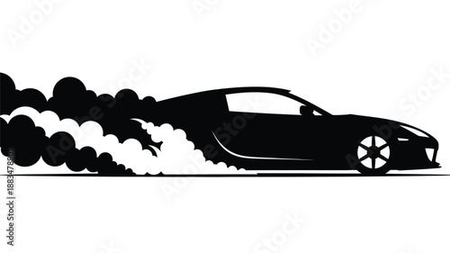 a black silhouette of a sports car drifting and creating a cloud of smoke