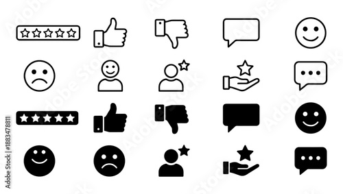 Ratings & Feedback Icon Set – Line and Filled Vector Icons, ratings icons, feedback, review system, stars, thumbs up, thumbs down, speech bubble, smiley face, sad face, user rating, 