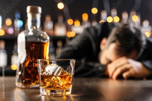 A drunk man fell asleep on the bar counter in front of an unfinished bottle of whiskey. A tipsy man has succumbed to sleep at the bar, with an unfinished bottle of whiskey as his companion.