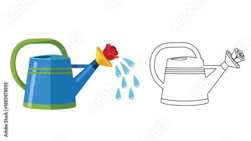 a blue watering can pouring water onto a red rose line drawing illustration