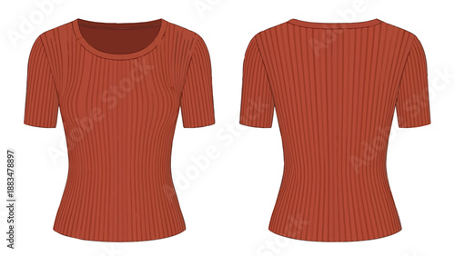 Elegant terracotta ribbed knit top short sleeves showcasing contemporary women's apparel design