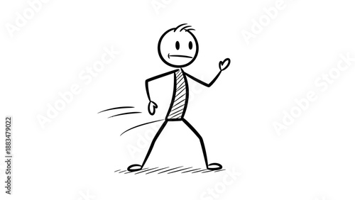 Frustrated Stick Figure Man Running with Exhausted and Out of Breath Expression in Bright Studio