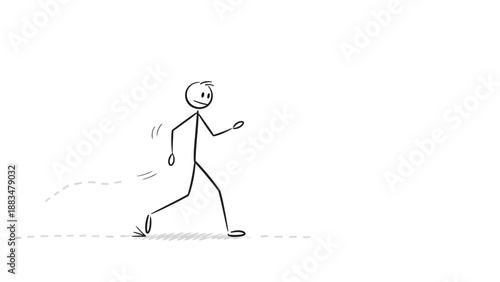 Stick Figure Man Running with Determination and a Smile, Exercising Actively in a Bright Studio