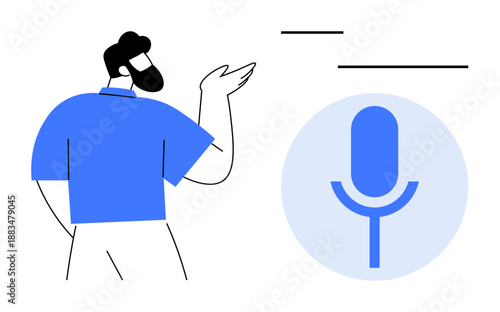 Voice recording, podcasts, communication, audio technology, speech recognition, broadcasting. A person gesturing toward a microphone icon. Voice recording and podcasts concept