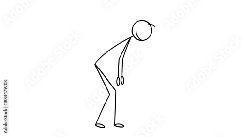 Stick figure man bending forward with his head down, depicting sadness, exhaustion, or a respectful bow on an isolated white background.