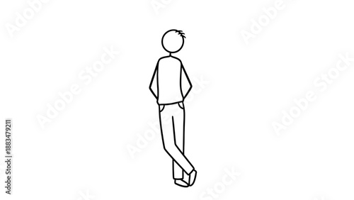 Stick figure man looking back over his shoulder while standing or walking, feeling cautious or curious on an isolated white background.