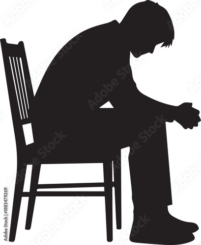A person sitting on a chair, leaning forward, with their head bowed in contemplation, eps file reference