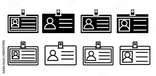 Identification card icon collection, name tag and employee badge set. Minimalist vector graphic illustration for digital and print use.