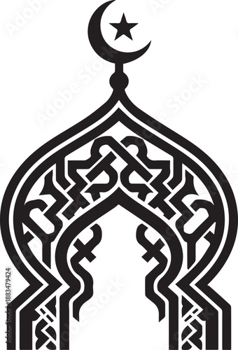 Islamic arch with crescent moon and star symbolizing faith and spirituality in a graphic illustration