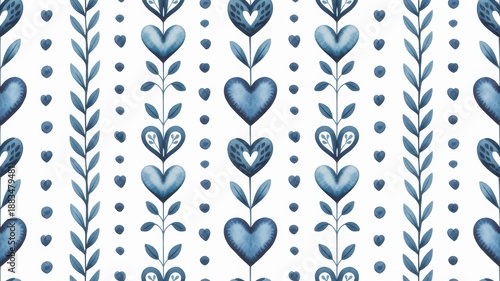 Wallpaper Mural Blue watercolor heart and botanical seamless pattern with folk art inspiration Torontodigital.ca