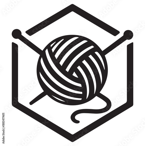 Stylized icon of a ball of yarn and knitting needles within a hexagonal frame, representing crafts and hobbies.