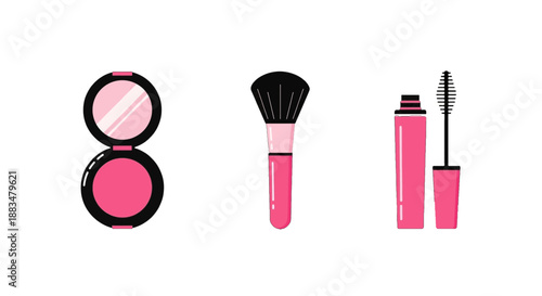 Pink makeup products blush brush and mascara on white background beauty and cosmetics concept