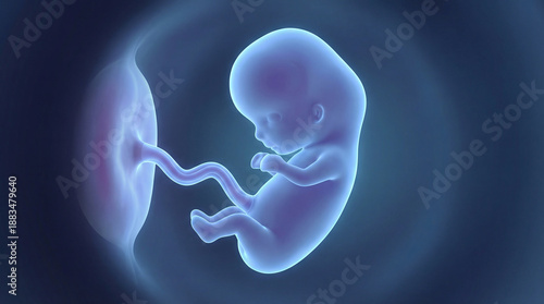 A detailed 3D medical illustration of an early-stage human embryo connected to the placenta via the umbilical cord. The image shows prenatal development inside the womb with soft glowing anatomical vi