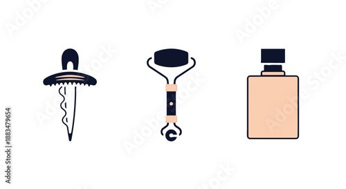 Grooming tools and perfume bottle for men shaving brush corkscrew and fragrance on white background