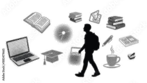 a person with a backpack walking surrounded by education and office supplies
