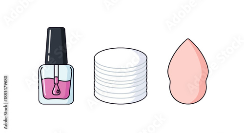 Nail polish bottle with pink liquid white nail polish remover pads and cotton pad on white background for beauty routine