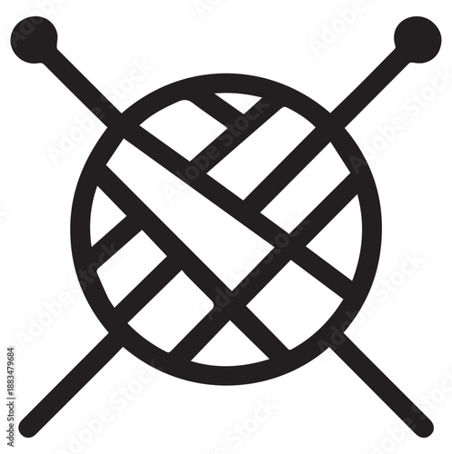Simple graphic icon of crossed knitting needles and a ball of yarn.