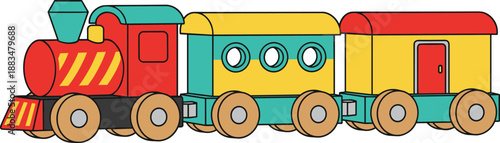 Colorful Wooden Toy Train with Red Locomotive and Yellow-Blue Carriages, Ideal for Children's Games, Transportation, Travel, Education, and Playroom Decor Vector Illustration.