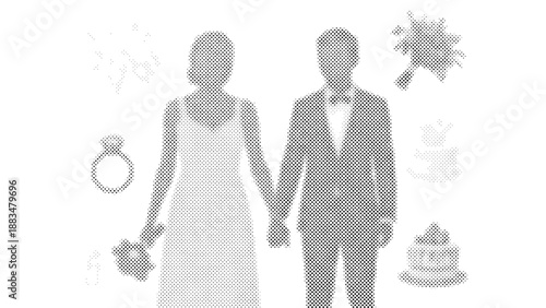 Wedding couple and wedding symbols in grayscale halftone style