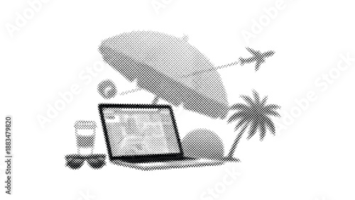 Vacation travel planning on laptop with palm tree and airplane  summer holiday getaway
