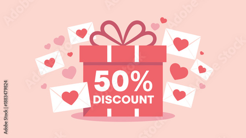 Red gift box with 50 percent discount and heart envelopes