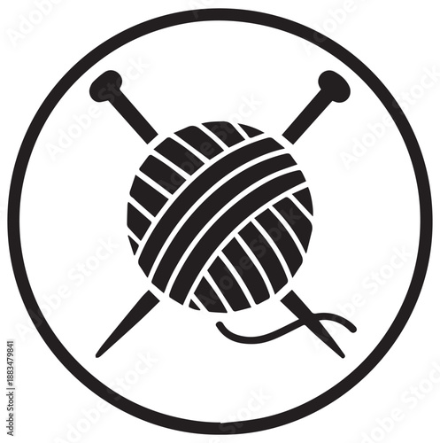 Simple black and white illustration of a ball of yarn and knitting needles inside a circle, symbolizing crafts and hobbies.