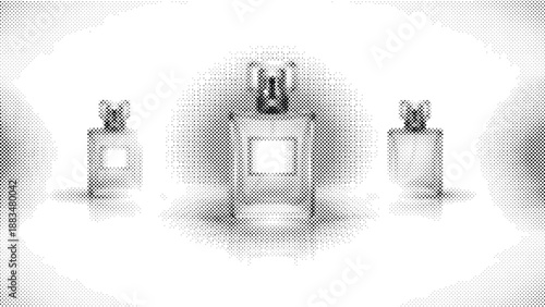 halftone illustration of three perfume bottles on white surface